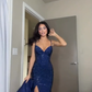 Navy Blue Sequins Spaghetti Strap Sleeveless Long Split Prom Dress          fg6327
