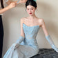 Blue Lace Mermaid Long Prom Dress Sexy Evening Dresses With Side Split   fg7665