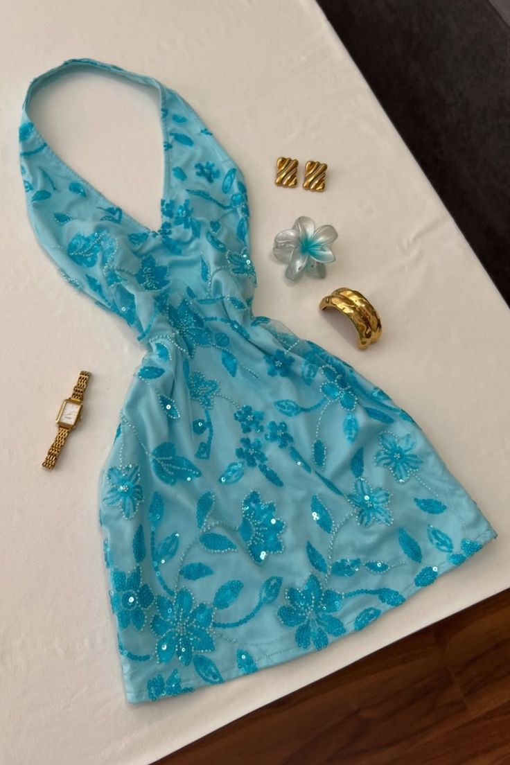 Vintage Blue Floral Mini Dress Outfit Halter Dress fg8206