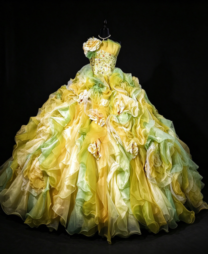One Shoulder Yellow-Green Ruffled Organza Ball Gown with 3D Florals & Beaded Bodice fg8953