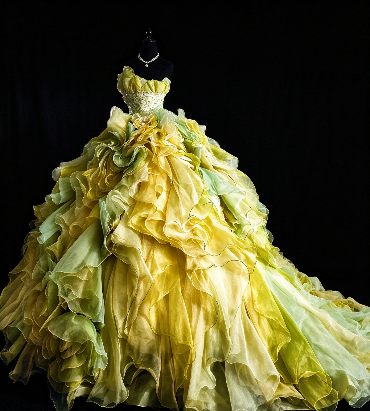 One Shoulder Yellow-Green Ruffled Organza Ball Gown with 3D Florals & Beaded Bodice fg8953