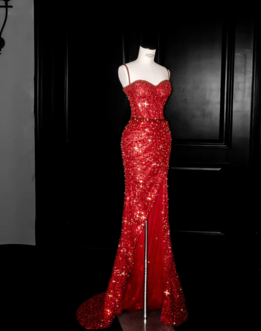 Mermaid Red Sequin Prom Party Dress Shiny Sexy Evening Dress Birthday Outfit  fg8691