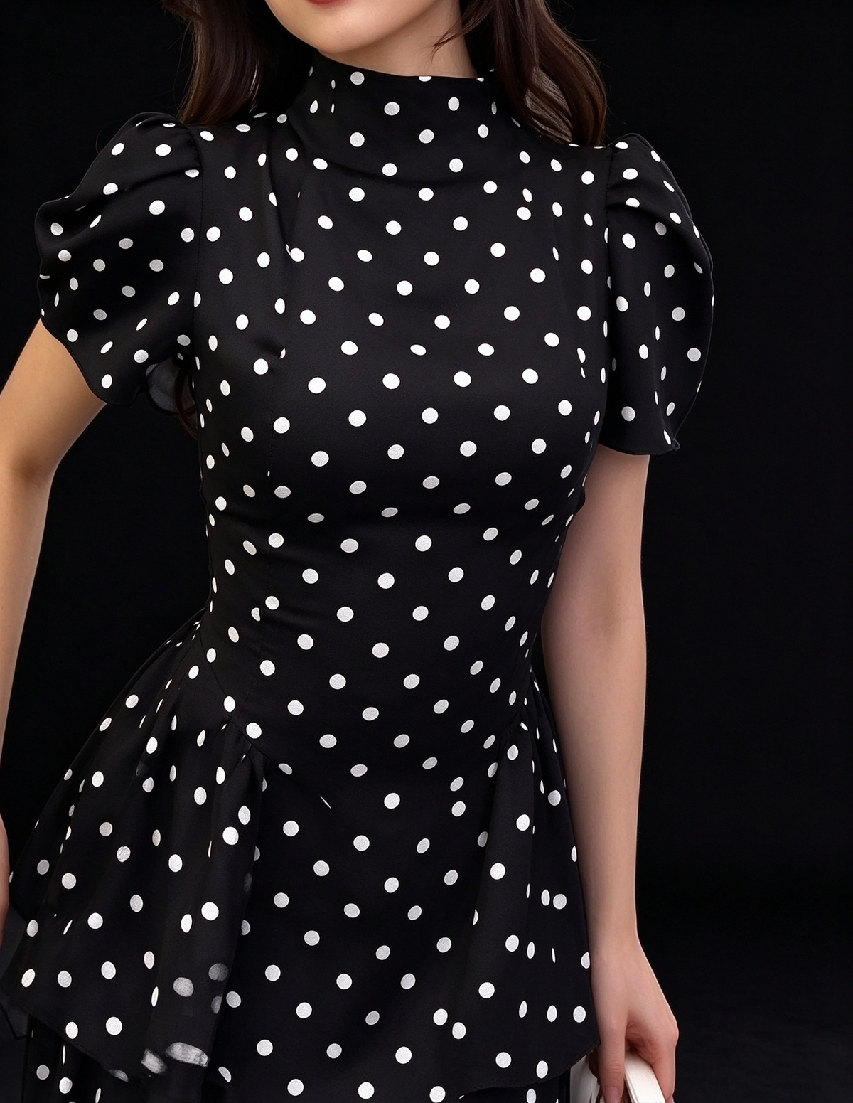 Vintage Black White Polka Dot High Neck Puff Sleeve Tiered Long Evening Dress fg9010