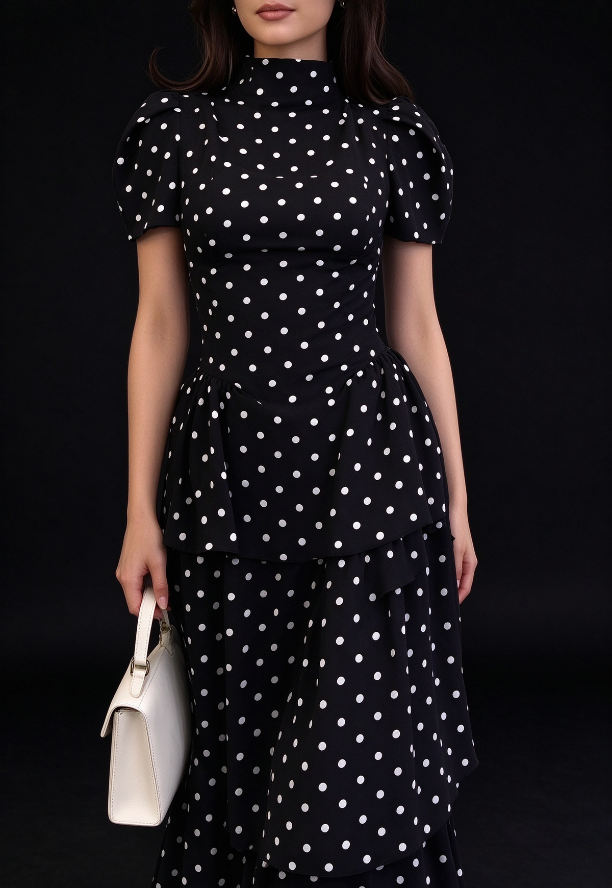 Vintage Black White Polka Dot High Neck Puff Sleeve Tiered Long Evening Dress fg9010