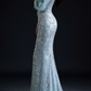 Mint Green Long Sleeve Rhinestone Feather Cuff Sheer Back Mermaid Evening Gown fg9016