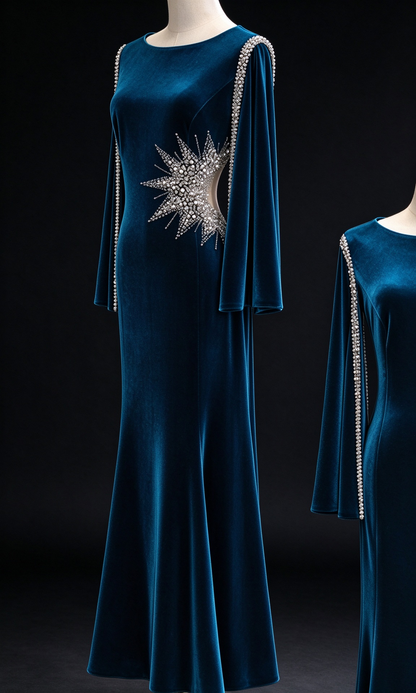 Blue Boat Neck Beaded Velvet Evening Gown fg9068