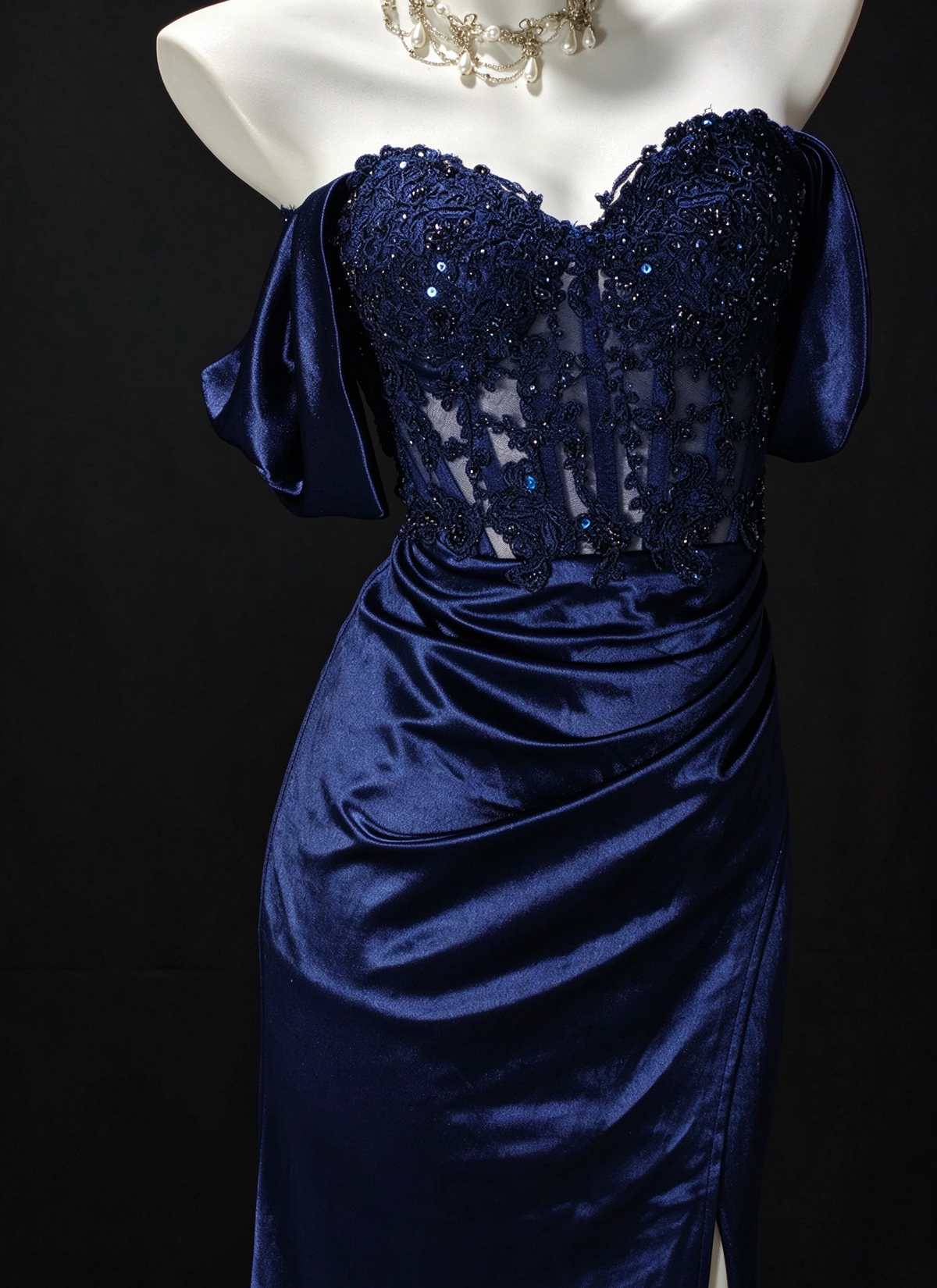 Off-Shoulder Beaded Navy Satin Mermaid Evening Dress with Slit, Formal Prom Gown fg8934
