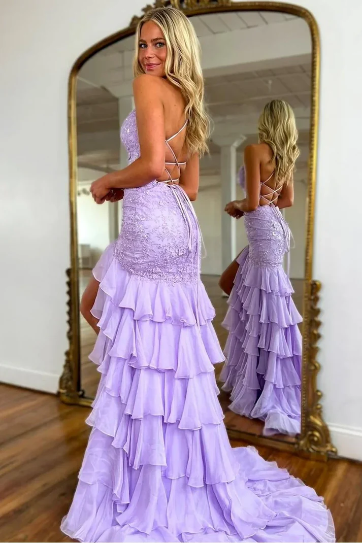 Stunning Lilac Mermaid Spaghetti Straps Silt Prom Dress Backless Lace Applique Evening Dress with Ruffles  fg8540