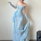Blue Lace Mermaid Long Prom Dress Sexy Evening Dresses With Side Split   fg7665