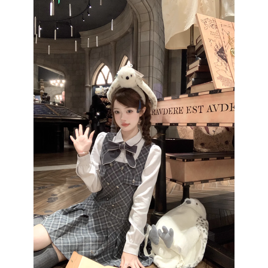 Pleated overall dress, preppy style, winter short skirt  A90