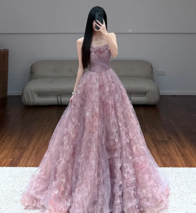 Pink Flora Prom Party Dress Sleeveless Tulle Evening Dress  fg8710