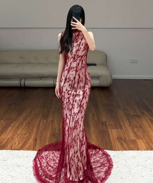 Burgundy Mermaid Prom Party Dress Sexy Evening Dress Birthday Outfit fg8684