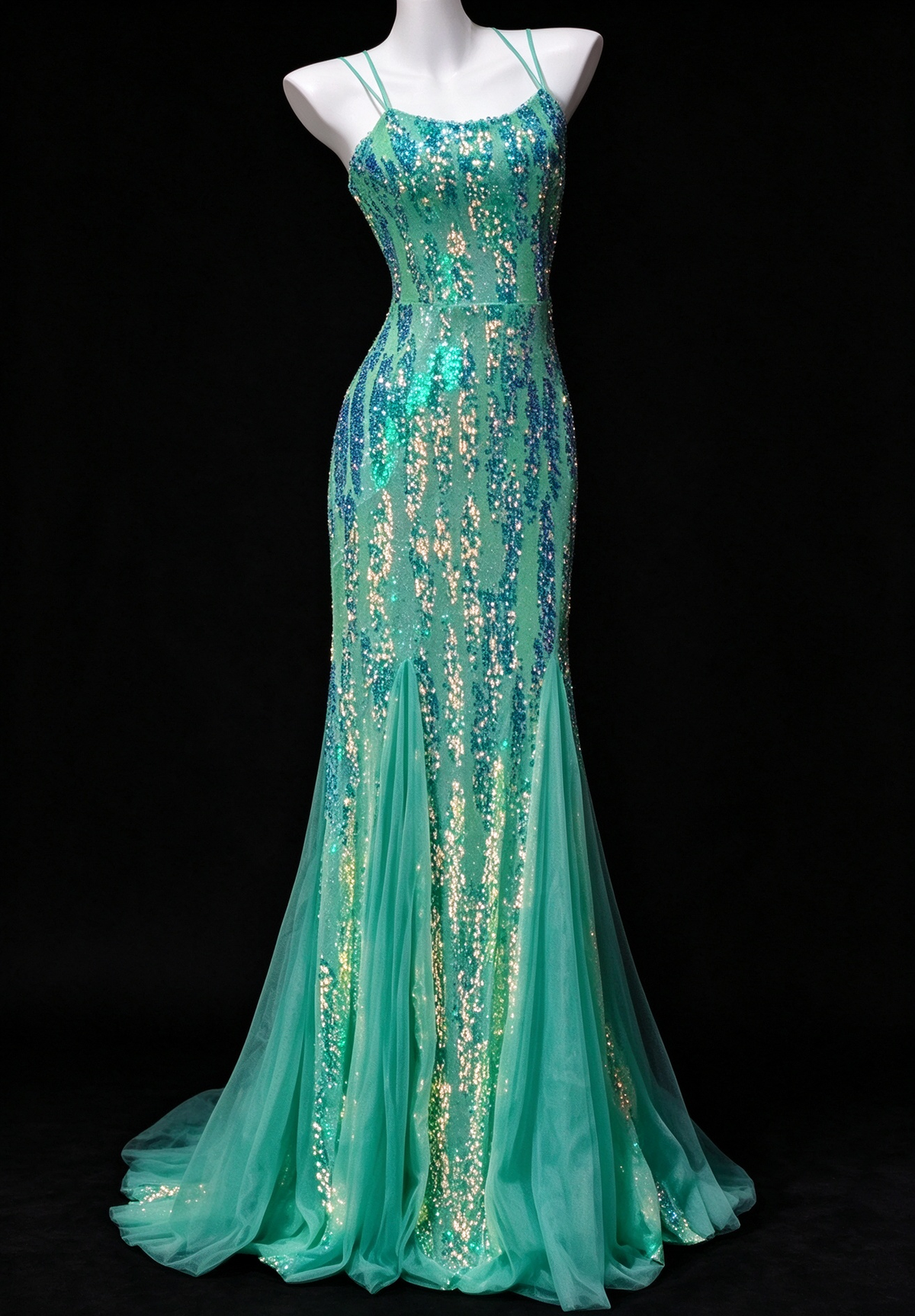 Spaghetti Strap Sequin Mermaid Green Tulle Evening Dress, Formal Prom Gown fg8935