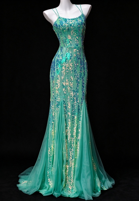 Spaghetti Strap Sequin Mermaid Green Tulle Evening Dress, Formal Prom Gown fg8935