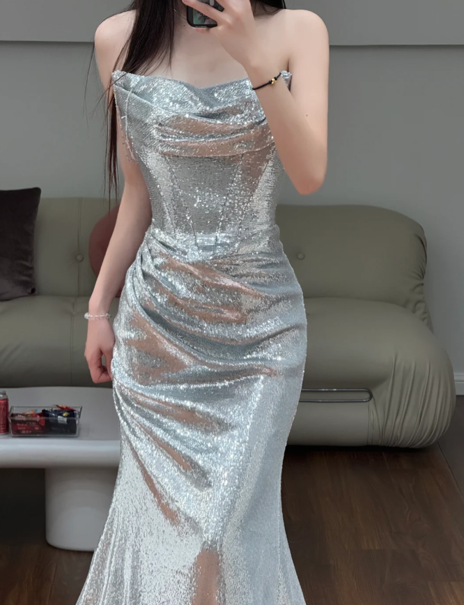 Silver Mermaid Prom Party Dress Evening Dress Birthday Outfit fg8604