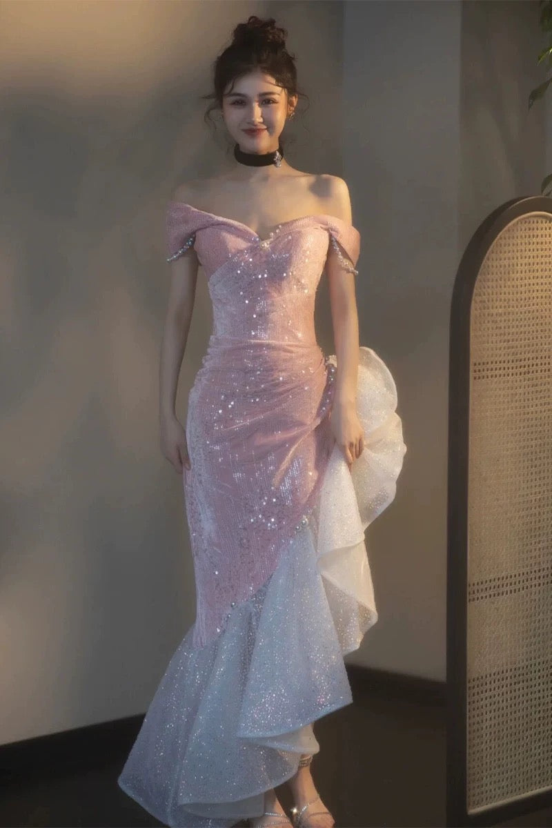 Robe de bal sirène à épaules dénudées et paillettes, robe de soirée scintillante fg5081