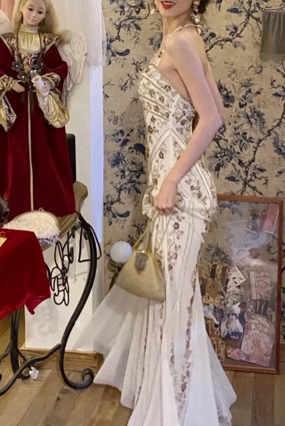 White Mermaid Long Prom Dress Beaded Vintage Evening Dress fg8255