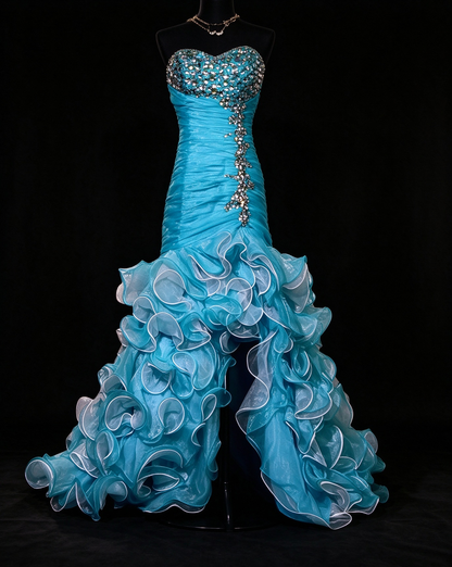 Sweetheart Turquoise Mermaid Gown with Rhinestone Bodice & Ruffled High-Low Skirt fg8959