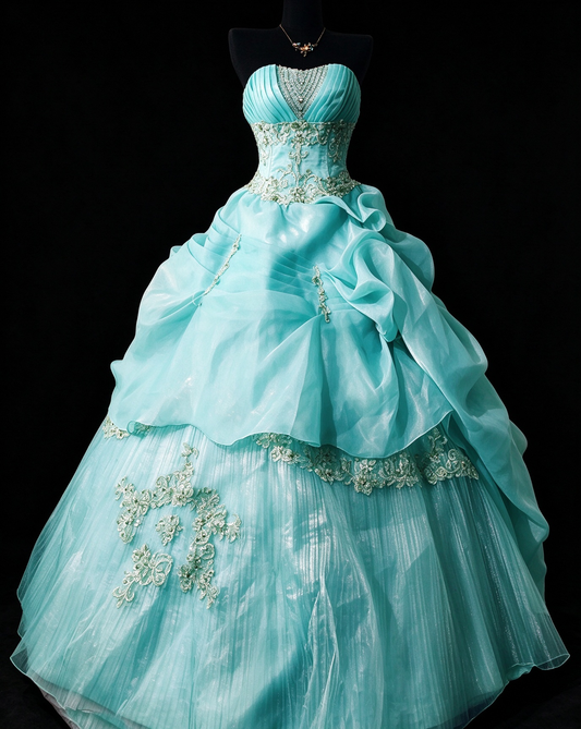 Sweetheart Mint Shimmer Organza Ball Gown with Pleated Bodice & Lace Appliqué fg8960