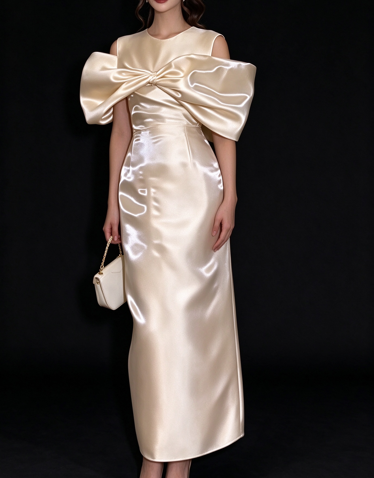 Light Blue Satin Midi Evening Dress With Big Bow Off Shoulder fg9012