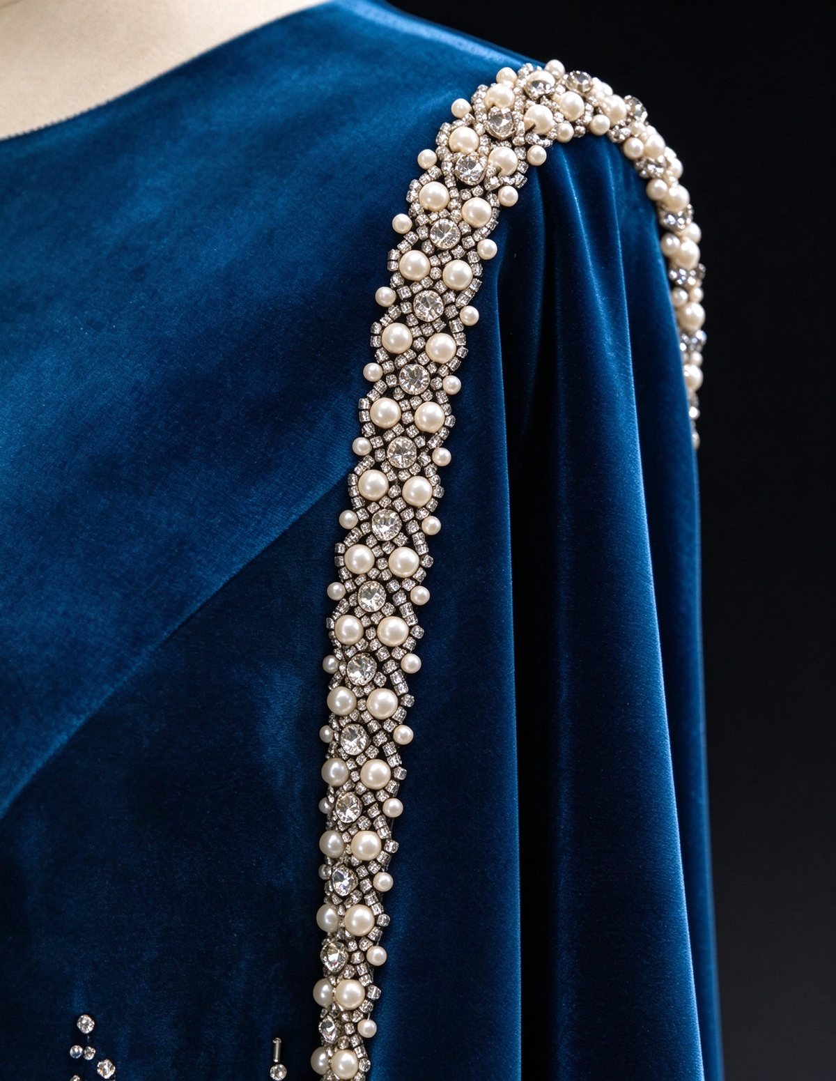 Blue Boat Neck Beaded Velvet Evening Gown fg9068