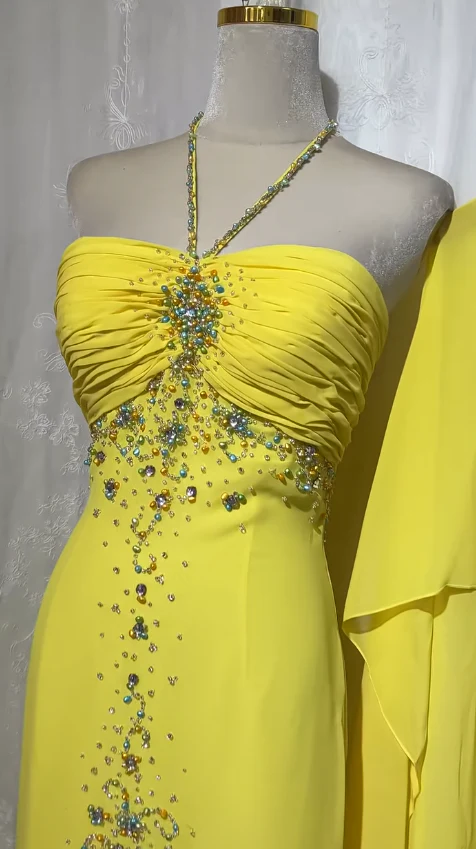 Stunning Yellow Halter Neck Sheath Chiffon Beaded Hi-Lo Prom Dresses Elegant Wedding Guest Dresses  fg8547