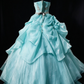 Sweetheart Mint Shimmer Organza Ball Gown with Pleated Bodice & Lace Appliqué fg8960