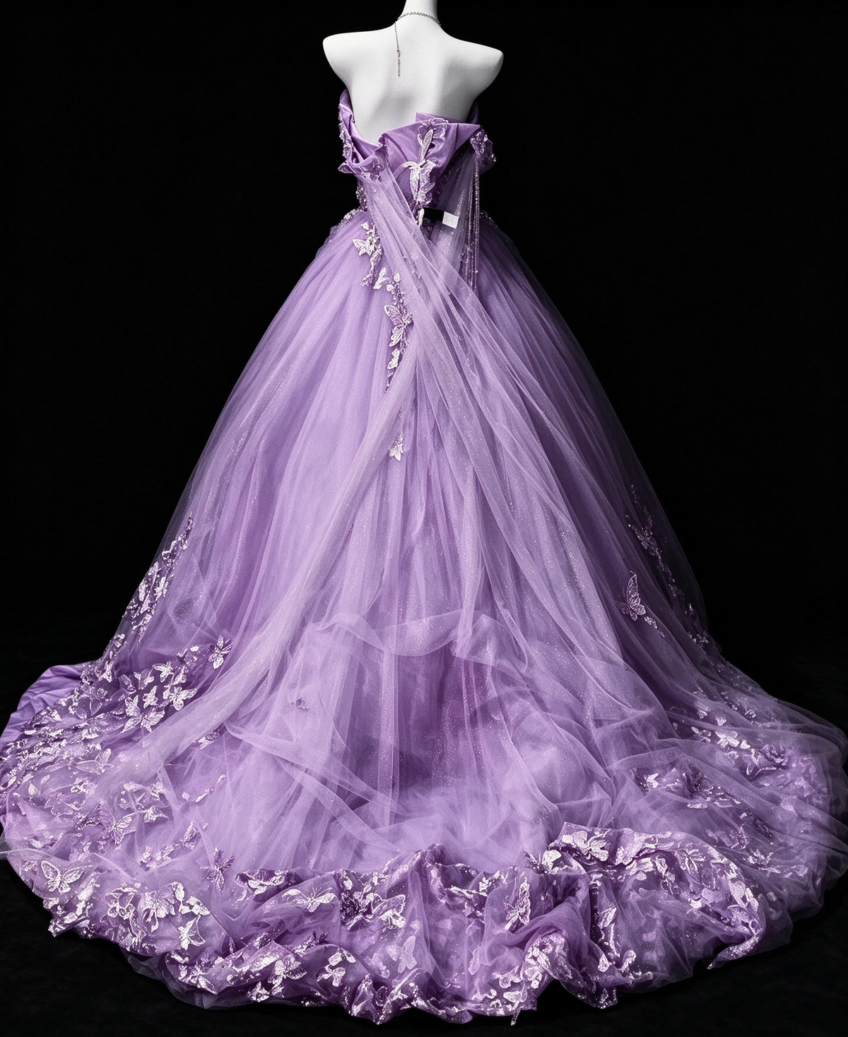 One-shoulder Lavender Tulle Ball Gown with 3D Butterfly Appliqués & Court Train fg8961