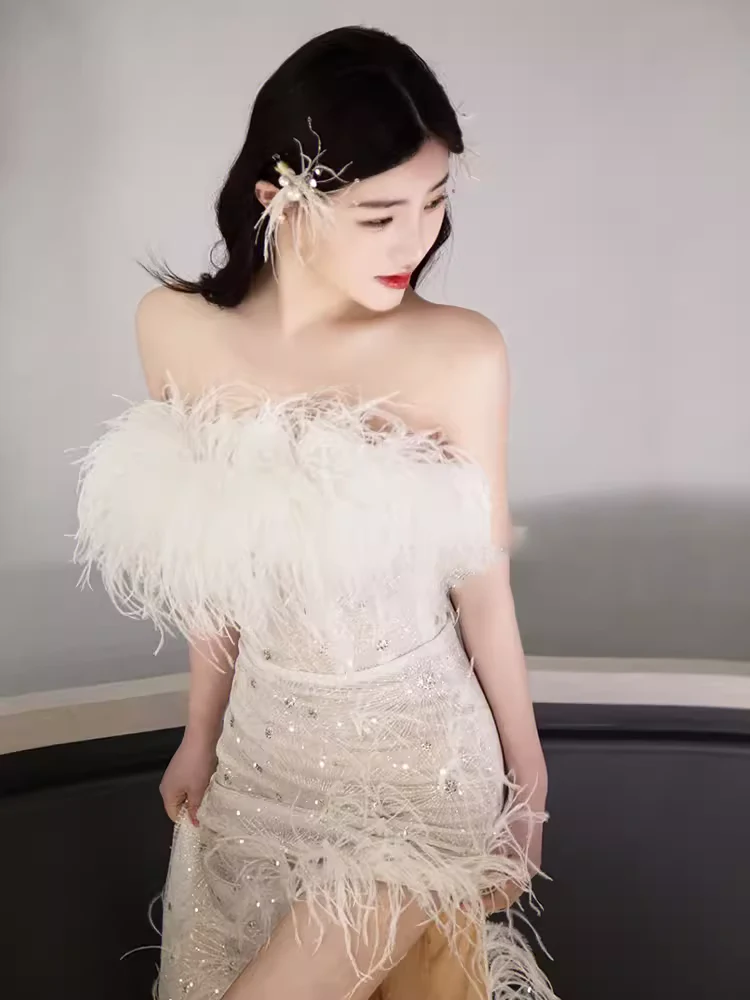 Mermaid Strapless Sequin Beads Long Evening Dress Slit Prom Dresses With Feathers  fg8585