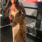 Sexy Gold Langes Ballkleid Abend Party Kleider Mit Schlitz fg7699