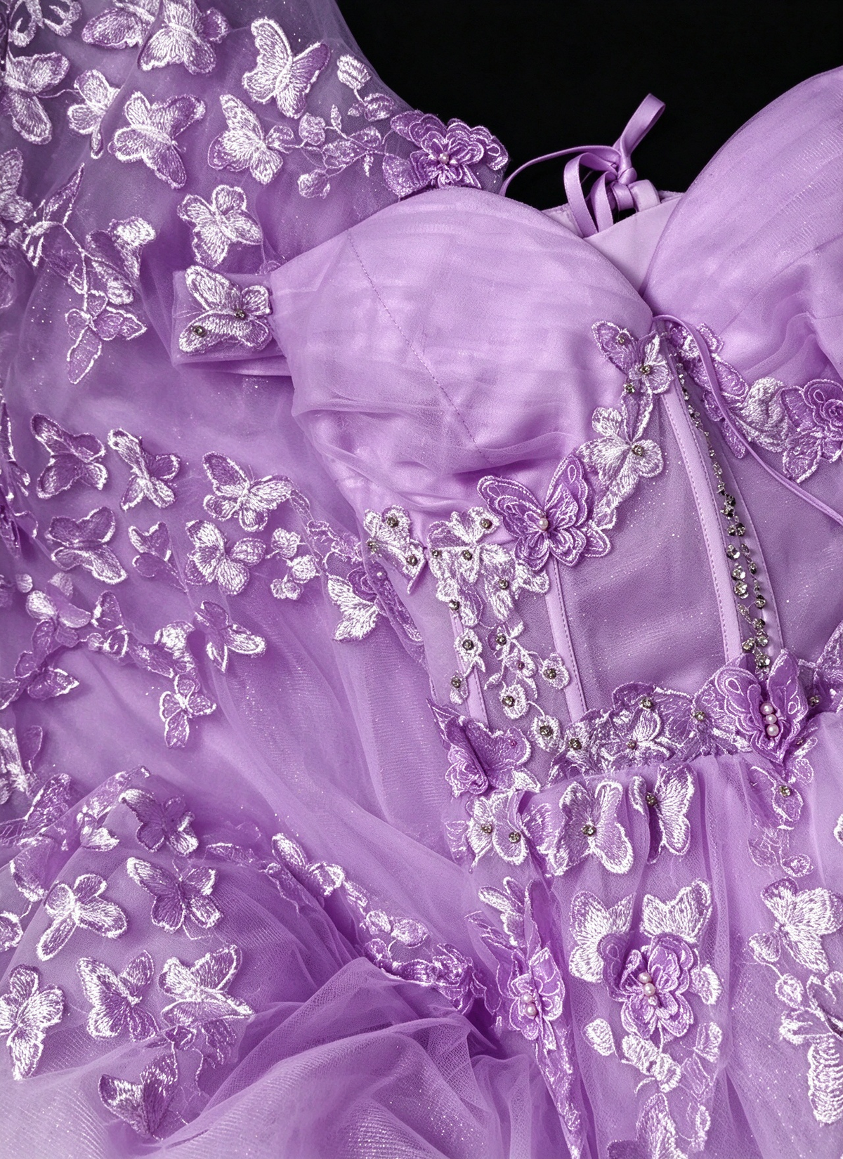 One-shoulder Lavender Tulle Ball Gown with 3D Butterfly Appliqués & Court Train fg8961