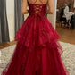 Burgunderrotes, glänzendes Tüll-A-Linien-Ballkleid, langes Abendkleid, Partykleid fg7644