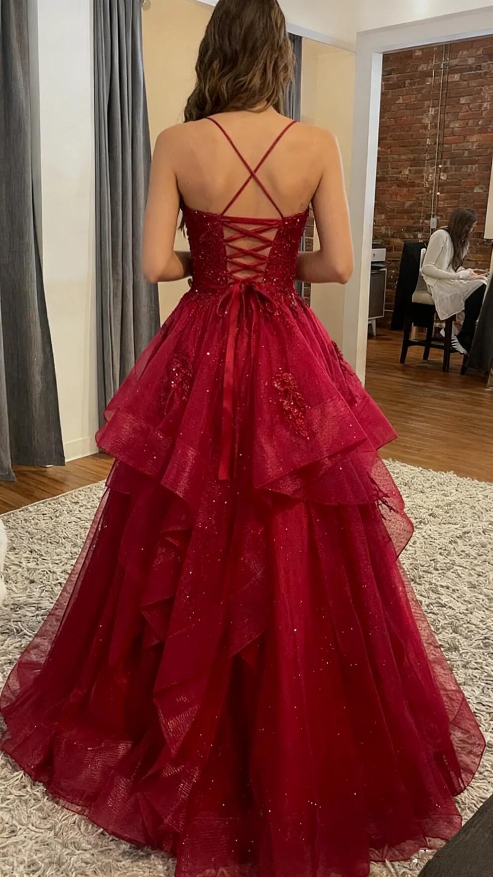 Burgunderrotes, glänzendes Tüll-A-Linien-Ballkleid, langes Abendkleid, Partykleid fg7644