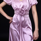 Dusty Purple Satin V-Neck Puff Sleeve 3D Flower Waist Long Evening Dress fg9015