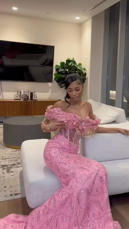 Pink Mermaid Lace Prom Dress Evening Dress Birthday Dress fg8421