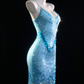 Light Blue Spaghetti Strap V Neck Sequin Short Bodycon Evening Dress fg9136