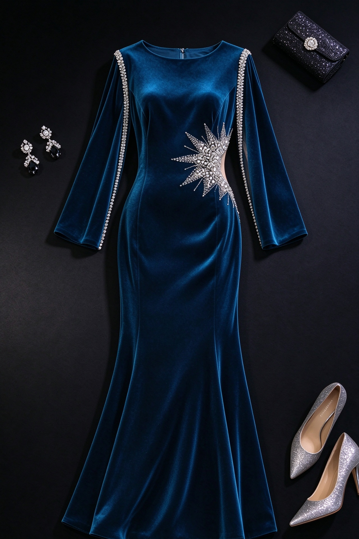 Blue Boat Neck Beaded Velvet Evening Gown fg9068