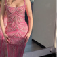 Superbe robe de soirée longue rose à bretelles spaghetti et paillettes et perles, robe de soirée formelle fg8357