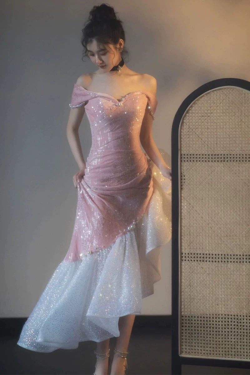Robe de bal sirène à épaules dénudées et paillettes, robe de soirée scintillante fg5081