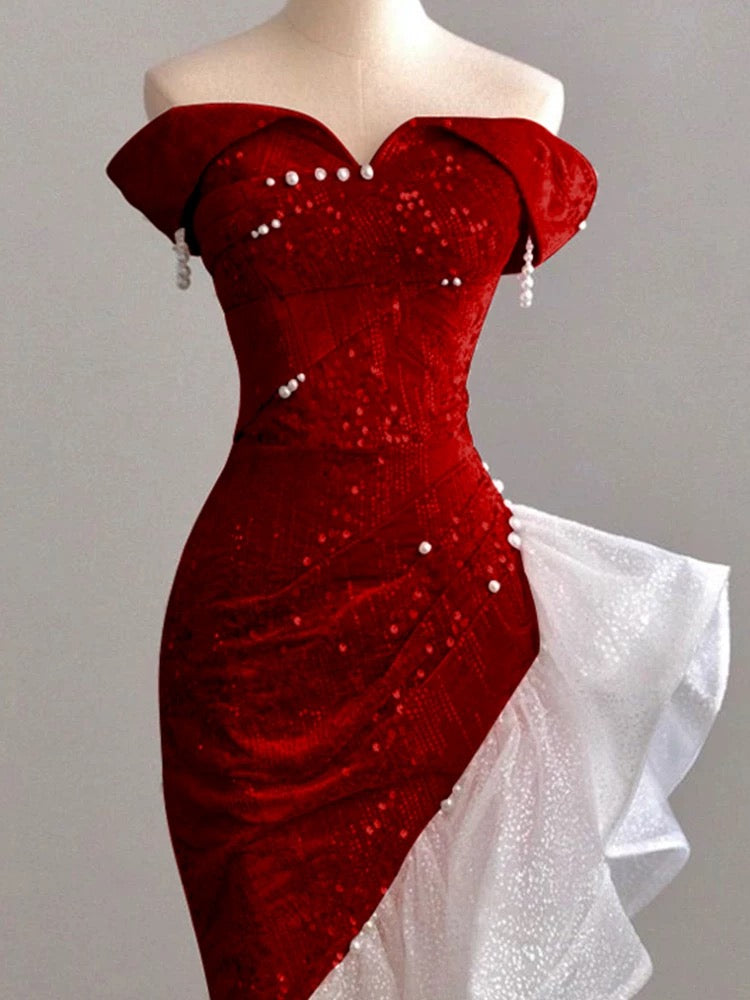 Robe de bal sirène à épaules dénudées et paillettes, robe de soirée scintillante fg5081