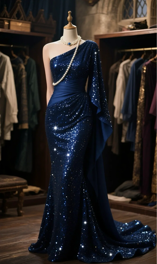 Mermaid Navy Satin Sequin One Shoulder Cape Long Prom Dress, Evening Dress   fg8492