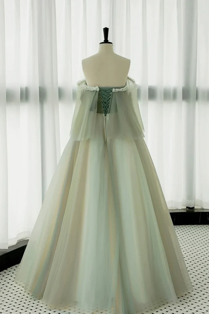 Light Green Strapless A-line Tulle Prom Dress,Unique Evening Dresses  fg8574