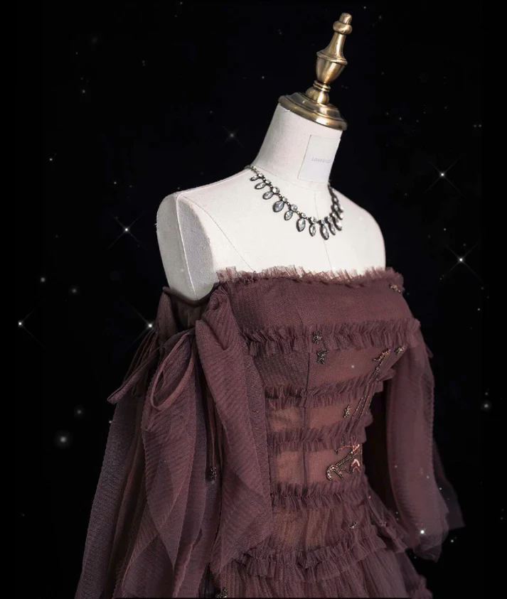 Chic Ball Gown Off The Shoulder Long Sleeves Evening Dress Tulle Long Prom Dresses fg8568