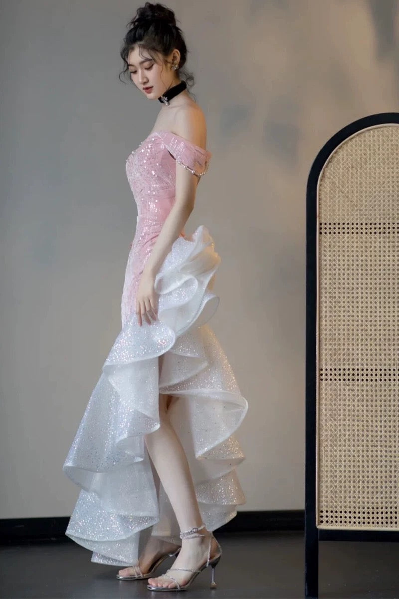Robe de bal sirène à épaules dénudées et paillettes, robe de soirée scintillante fg5081