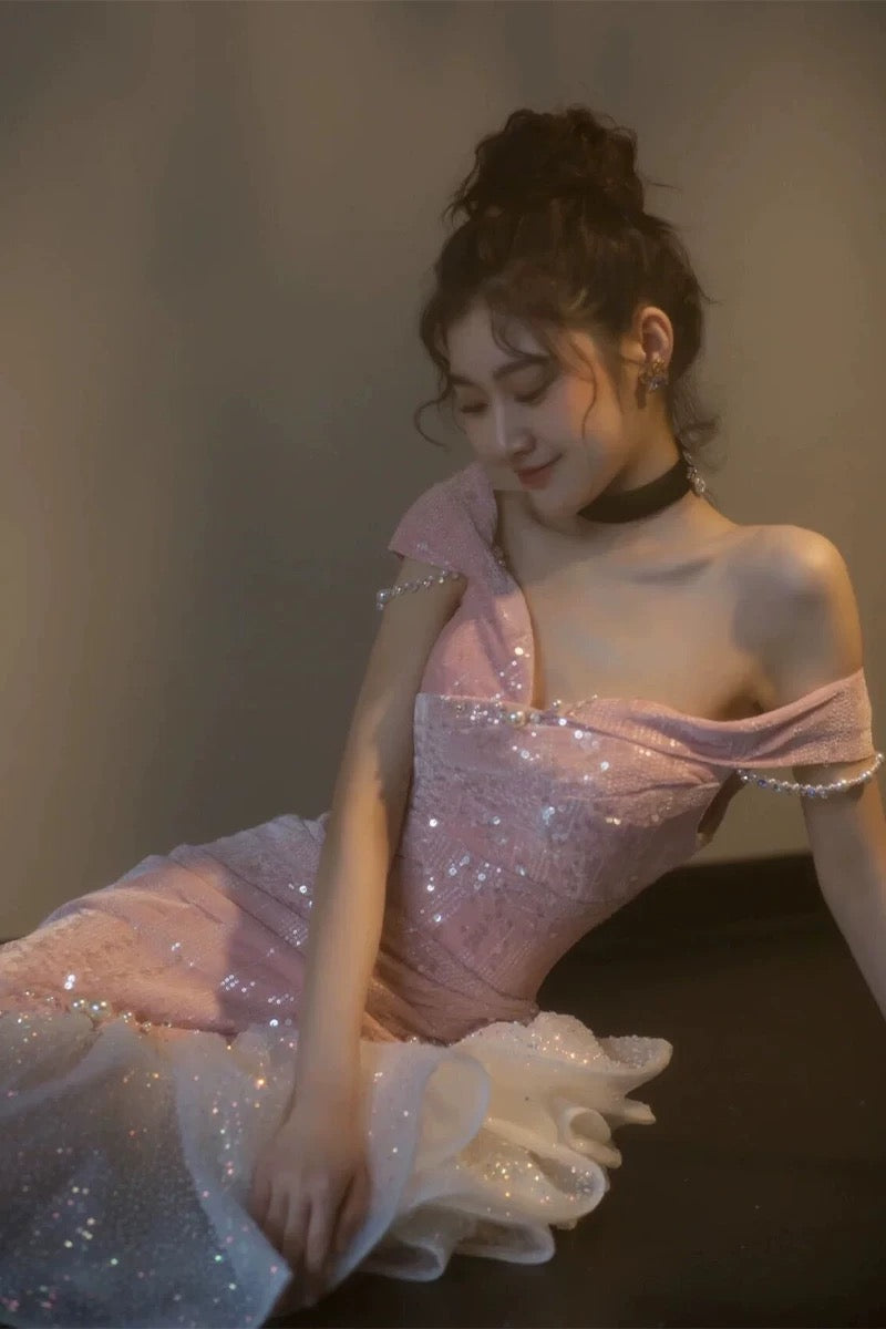 Robe de bal sirène à épaules dénudées et paillettes, robe de soirée scintillante fg5081