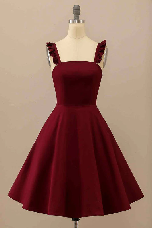 Burgundy A-line Ruffle Straps Satin Mini Homecoming Dress       fg3452