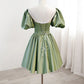 A-Line Green Puffy Sleeve Satin Short Prom Dress, Green Short Formal Dress     fg3728