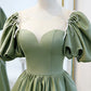 A-Line Green Puffy Sleeve Satin Short Prom Dress, Green Short Formal Dress     fg3728