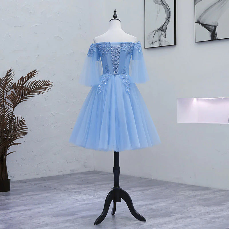 Lovely Light Blue With Lace Off Shoulder Short Prom Dress, Blue Homecoming Dresses     fg3428