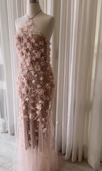 Halter Neck 3D Floral Rhinestone Tulle Mermaid Evening Gown fg8754